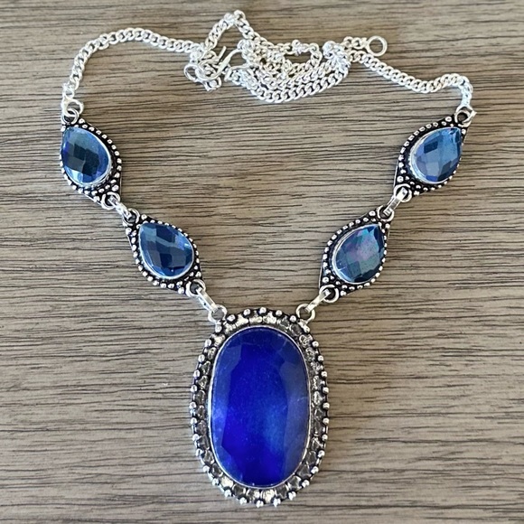 0345 Simulated Sapphire Rainbow Fire Topaz Necklace Silver Statement Jewelry - Picture 3 of 8